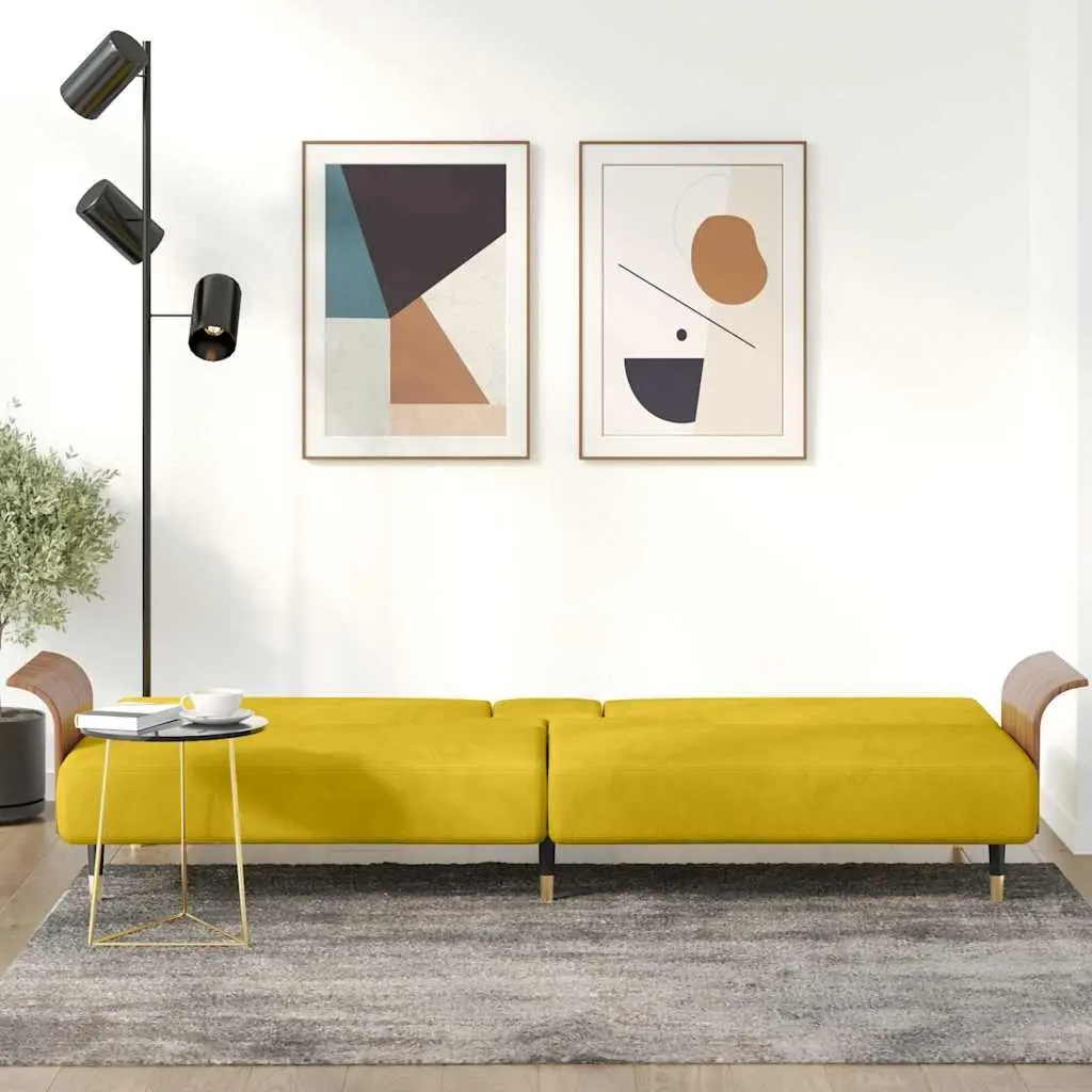 Yellow Velvet Sofa Bed with Adjustable Backrest Cup Holders Foldable Tea Table
