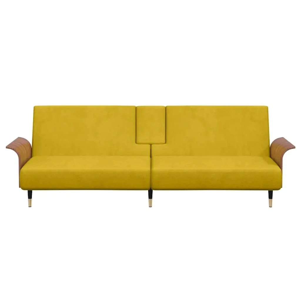Yellow Velvet Sofa Bed with Adjustable Backrest Cup Holders Foldable Tea Table