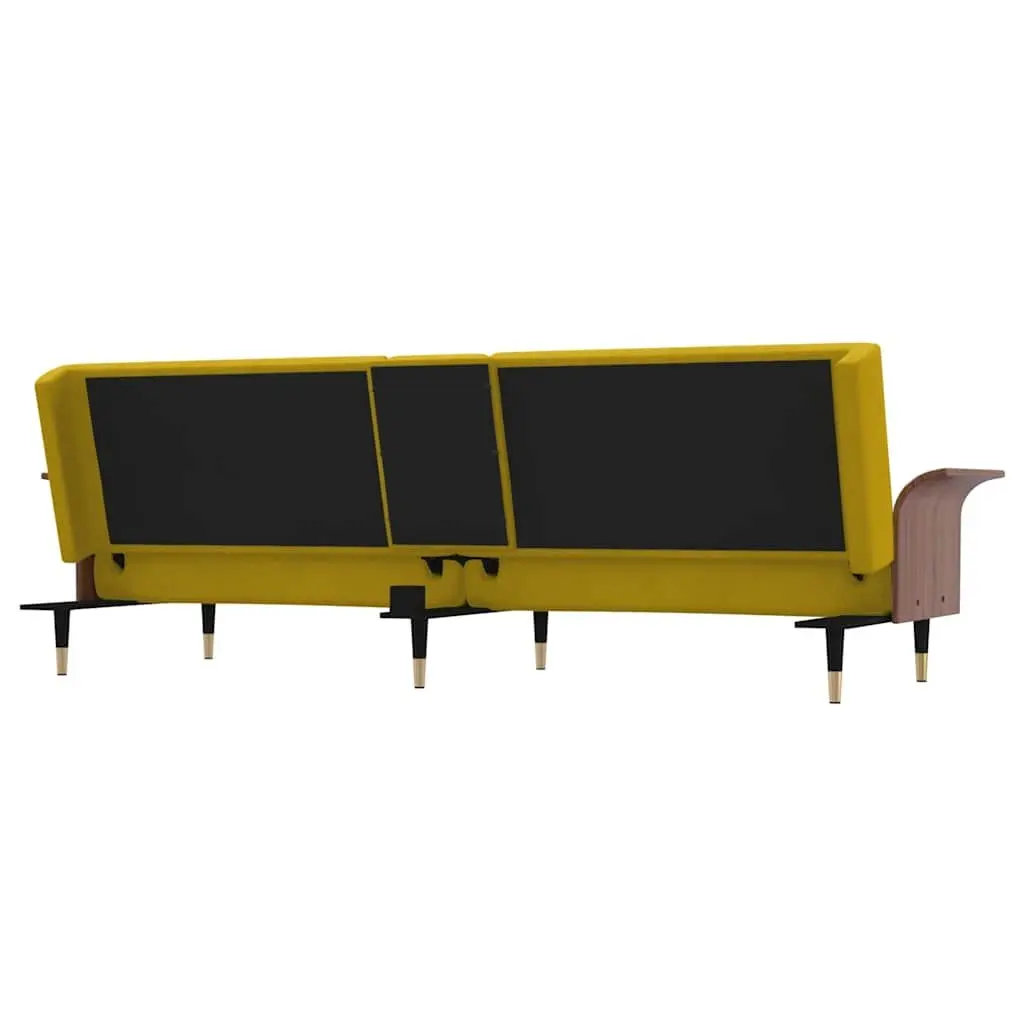 Yellow Velvet Sofa Bed with Adjustable Backrest Cup Holders Foldable Tea Table
