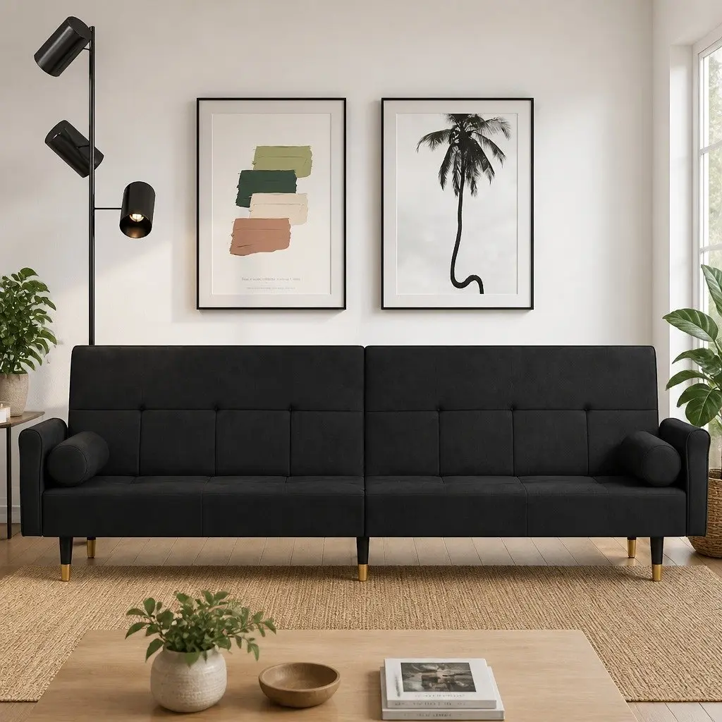 Sofa Bed Velvet Black Adjustable Backrest Couch