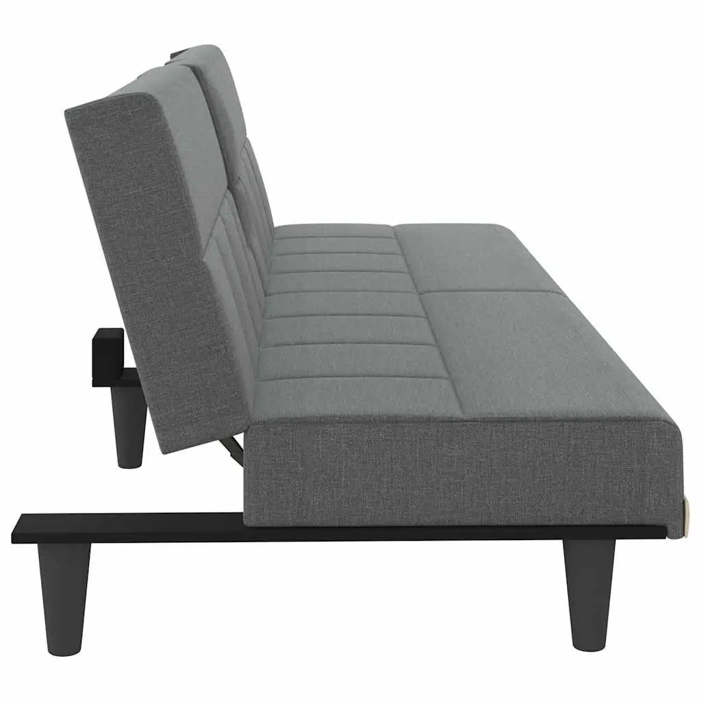 Sofa Bed Grey Fabric Adjustable Backrest Cup Holders Foldable Tea Table Sleeper