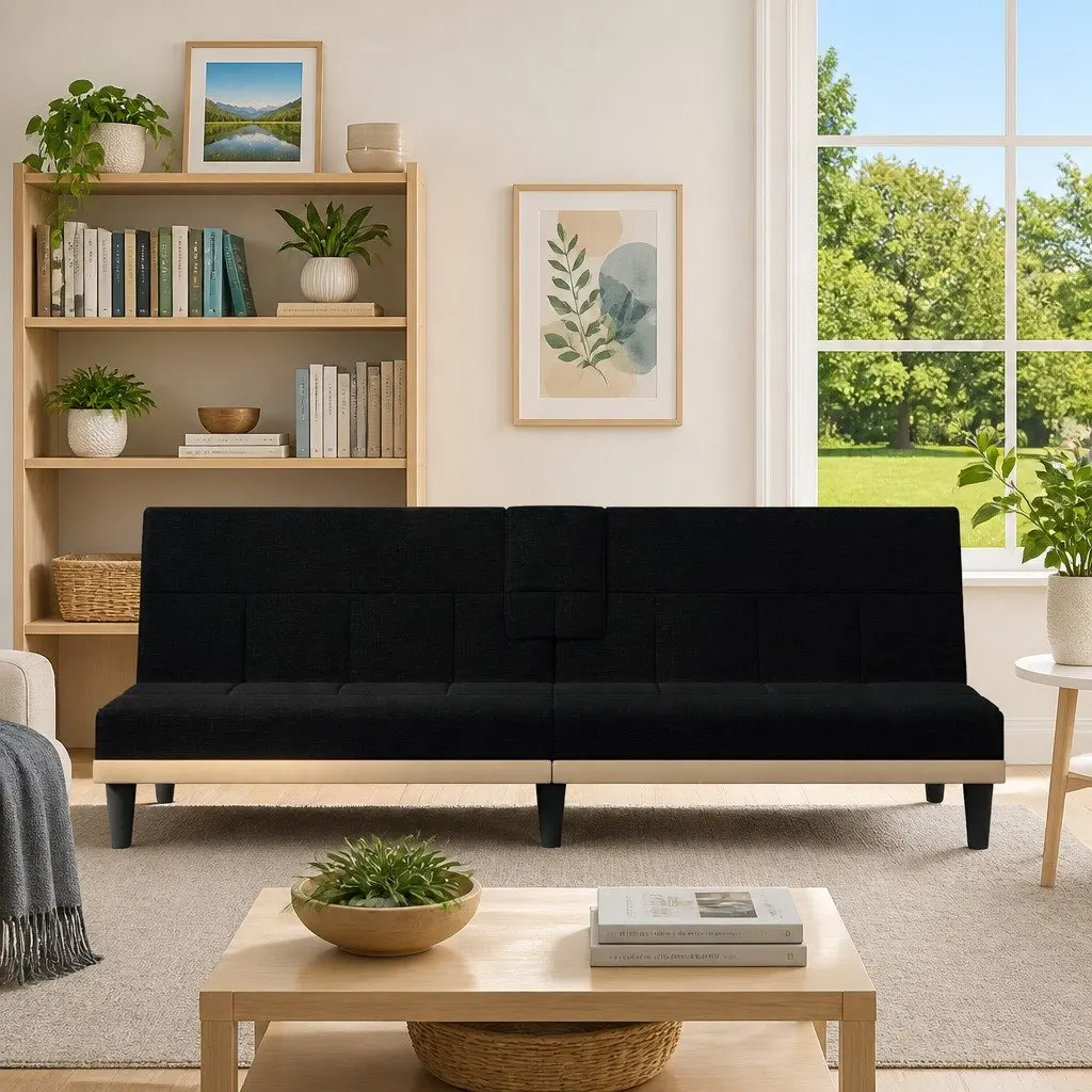 Black Fabric Sofa Bed with Adjustable Backrest Foldable Tea Table USB Charging and Cup Holders