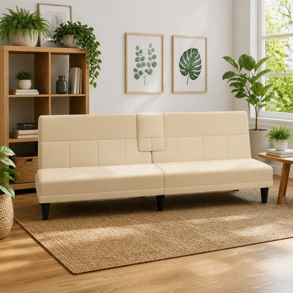 Sofa Bed Cream Fabric Adjustable Backrest with Cup Holders Plywood Frame Sleeper Couch with Foldable Tea Table