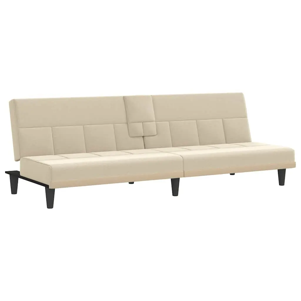 Sofa Bed Cream Fabric Adjustable Backrest with Cup Holders Plywood Frame Sleeper Couch with Foldable Tea Table