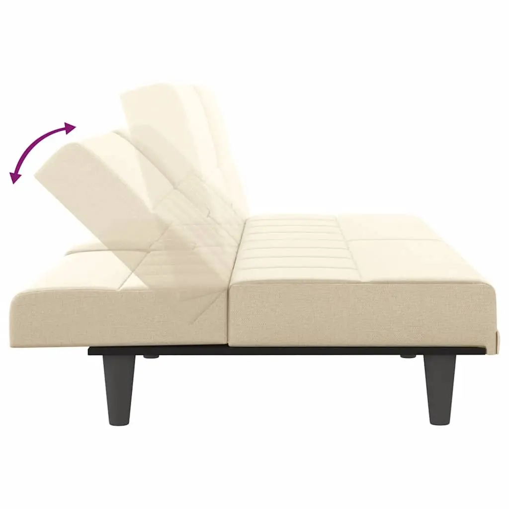 Sofa Bed Cream Fabric Adjustable Backrest with Cup Holders Plywood Frame Sleeper Couch with Foldable Tea Table