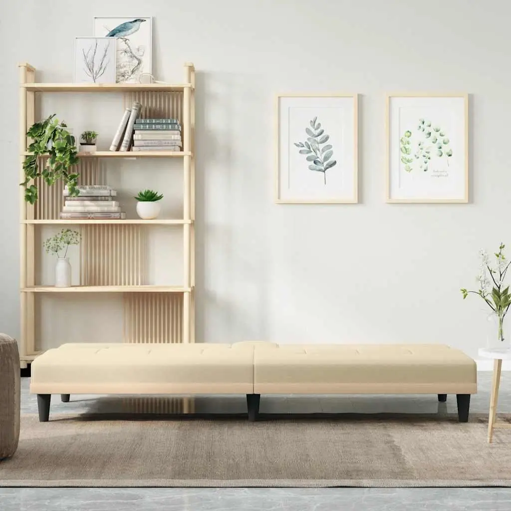 Sofa Bed Cream Fabric Adjustable Backrest with Cup Holders Plywood Frame Sleeper Couch with Foldable Tea Table