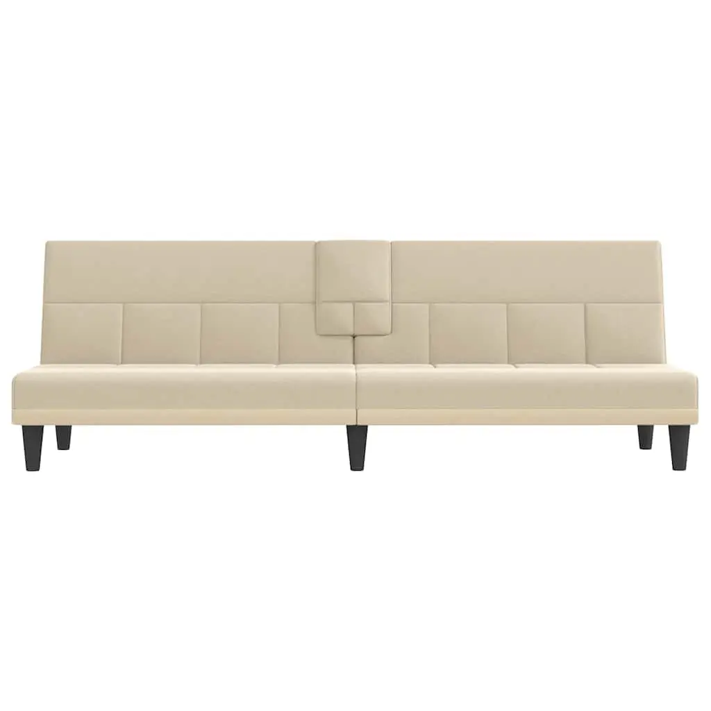 Sofa Bed Cream Fabric Adjustable Backrest with Cup Holders Plywood Frame Sleeper Couch with Foldable Tea Table