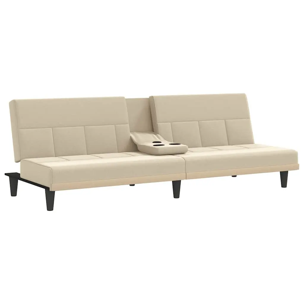 Sofa Bed Cream Fabric Adjustable Backrest with Cup Holders Plywood Frame Sleeper Couch with Foldable Tea Table