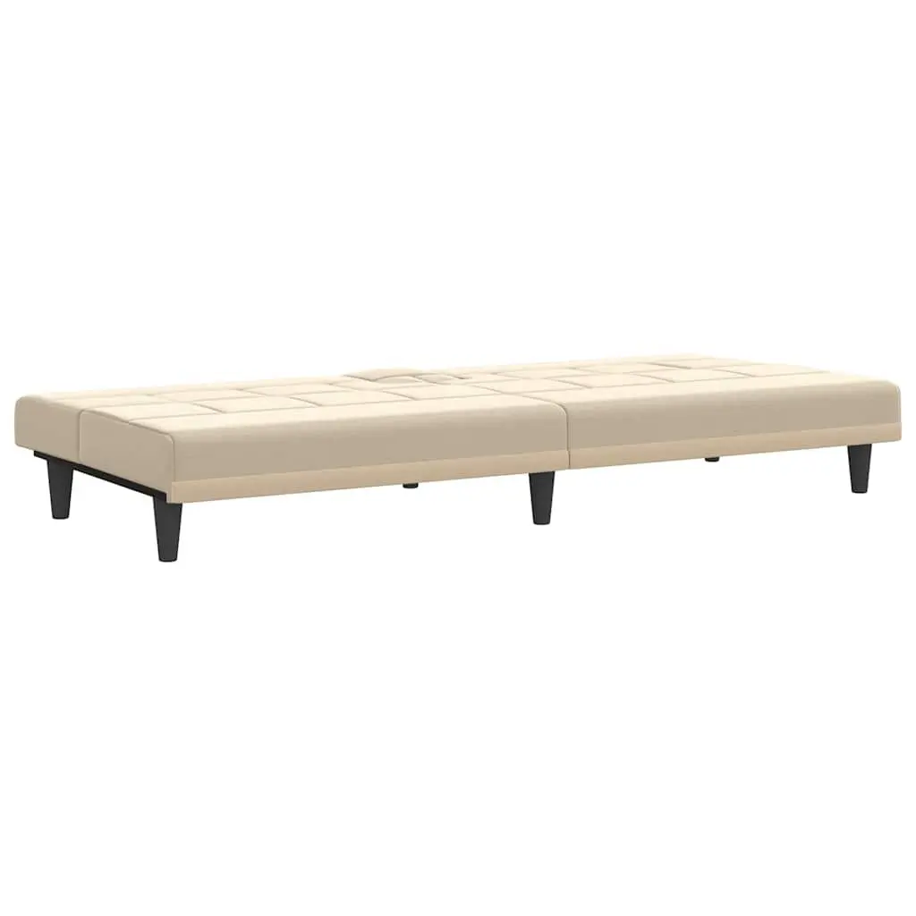 Sofa Bed Cream Fabric Adjustable Backrest with Cup Holders Plywood Frame Sleeper Couch with Foldable Tea Table