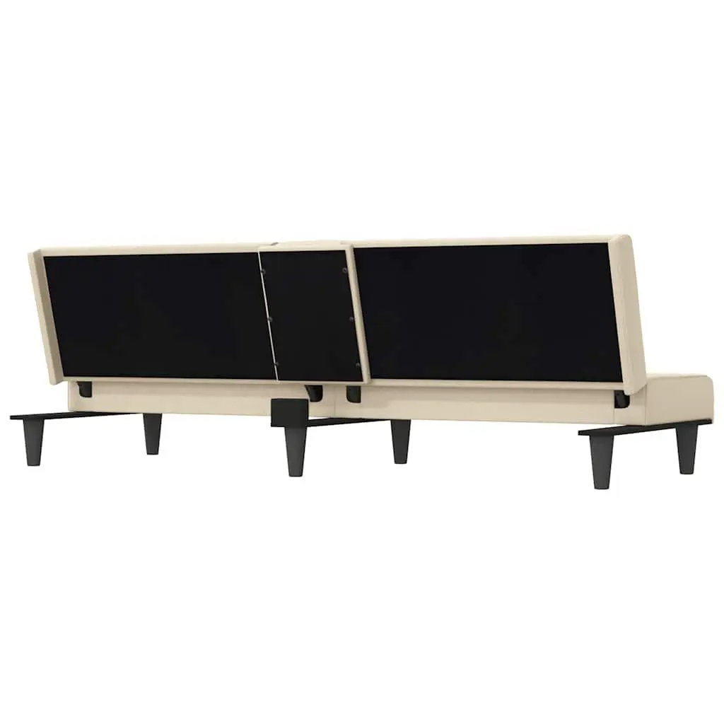 Sofa Bed Cream Fabric Adjustable Backrest with Cup Holders Plywood Frame Sleeper Couch with Foldable Tea Table