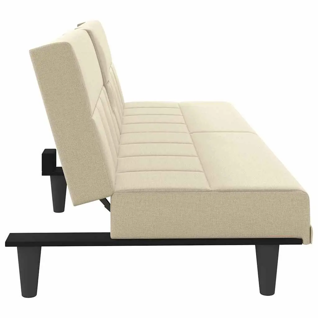 Sofa Bed Cream Fabric Adjustable Backrest with Cup Holders Plywood Frame Sleeper Couch with Foldable Tea Table