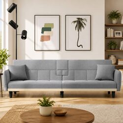 Sofa Bed Grey Fabric Adjustable Backrest Cup Holders Sleeper Couch Guest Seating