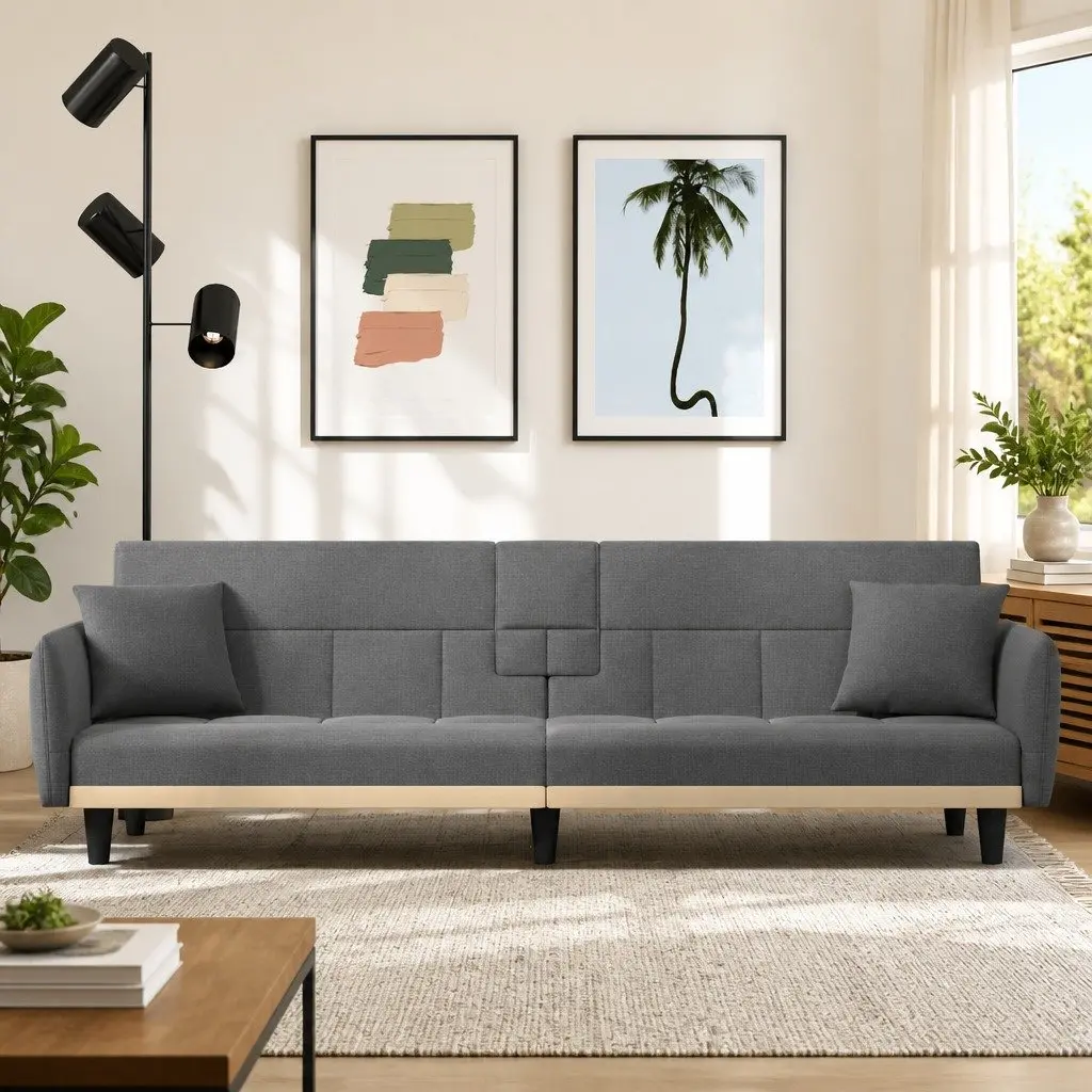 Sofa Bed Grey Fabric with Foldable Tea Table and Adjustable Backrest and Cup Holders