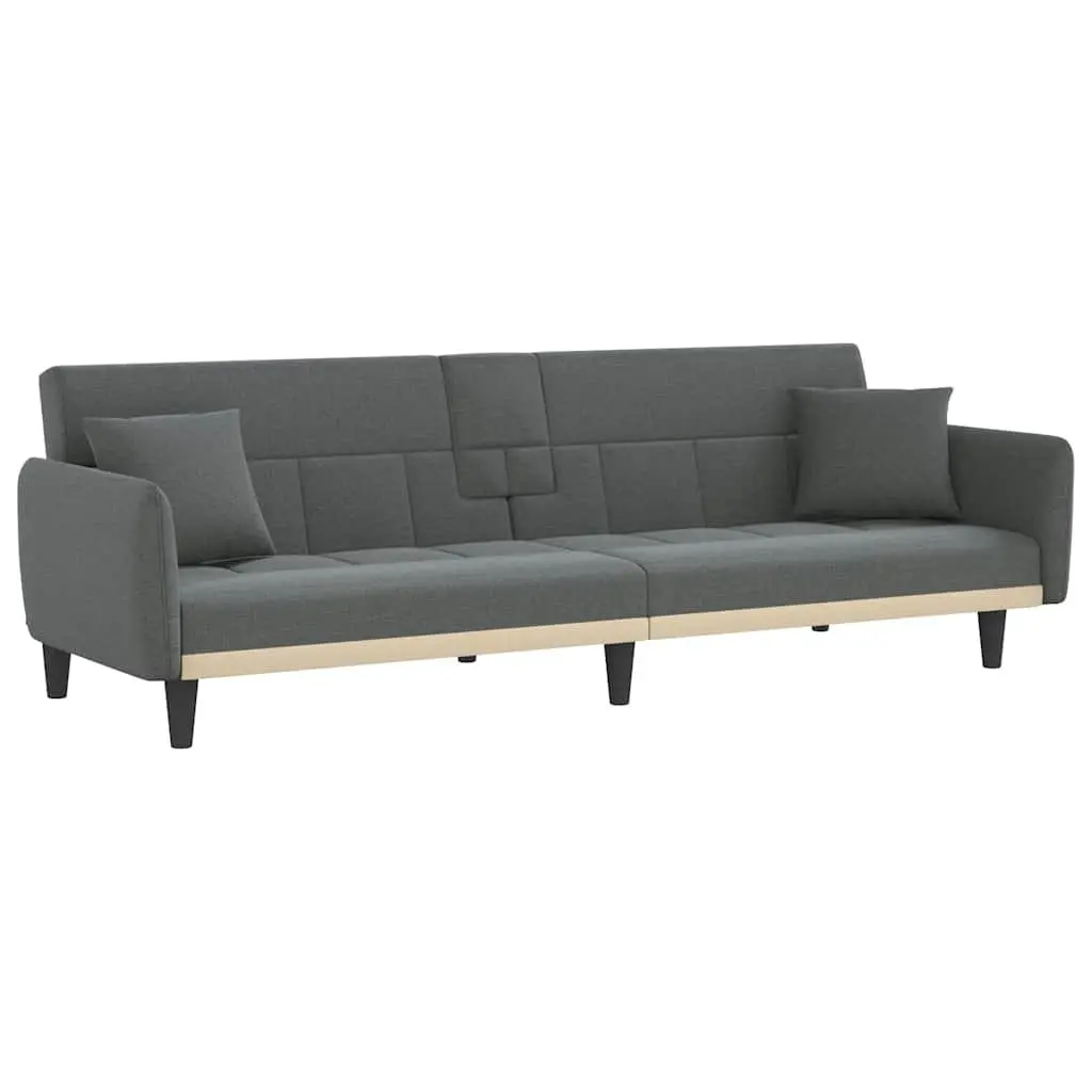 Sofa Bed Grey Fabric with Foldable Tea Table and Adjustable Backrest and Cup Holders