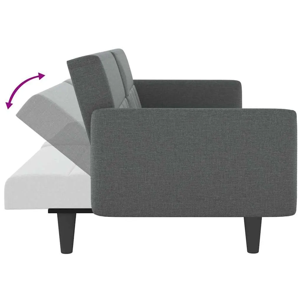 Sofa Bed Grey Fabric with Foldable Tea Table and Adjustable Backrest and Cup Holders