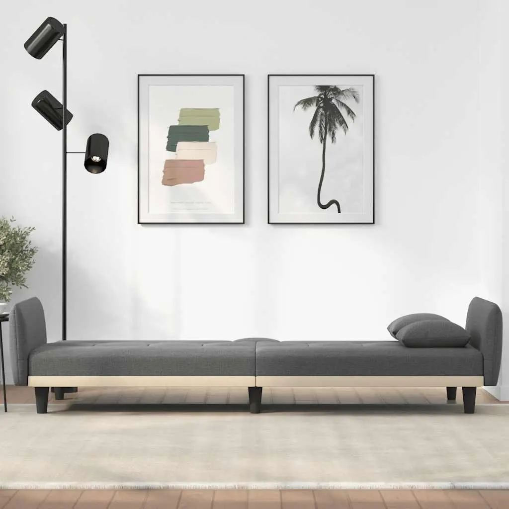 Sofa Bed Grey Fabric with Foldable Tea Table and Adjustable Backrest and Cup Holders