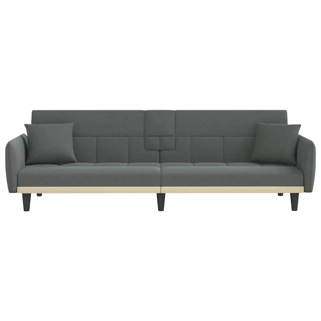 Sofa Bed Grey Fabric with Foldable Tea Table and Adjustable Backrest and Cup Holders