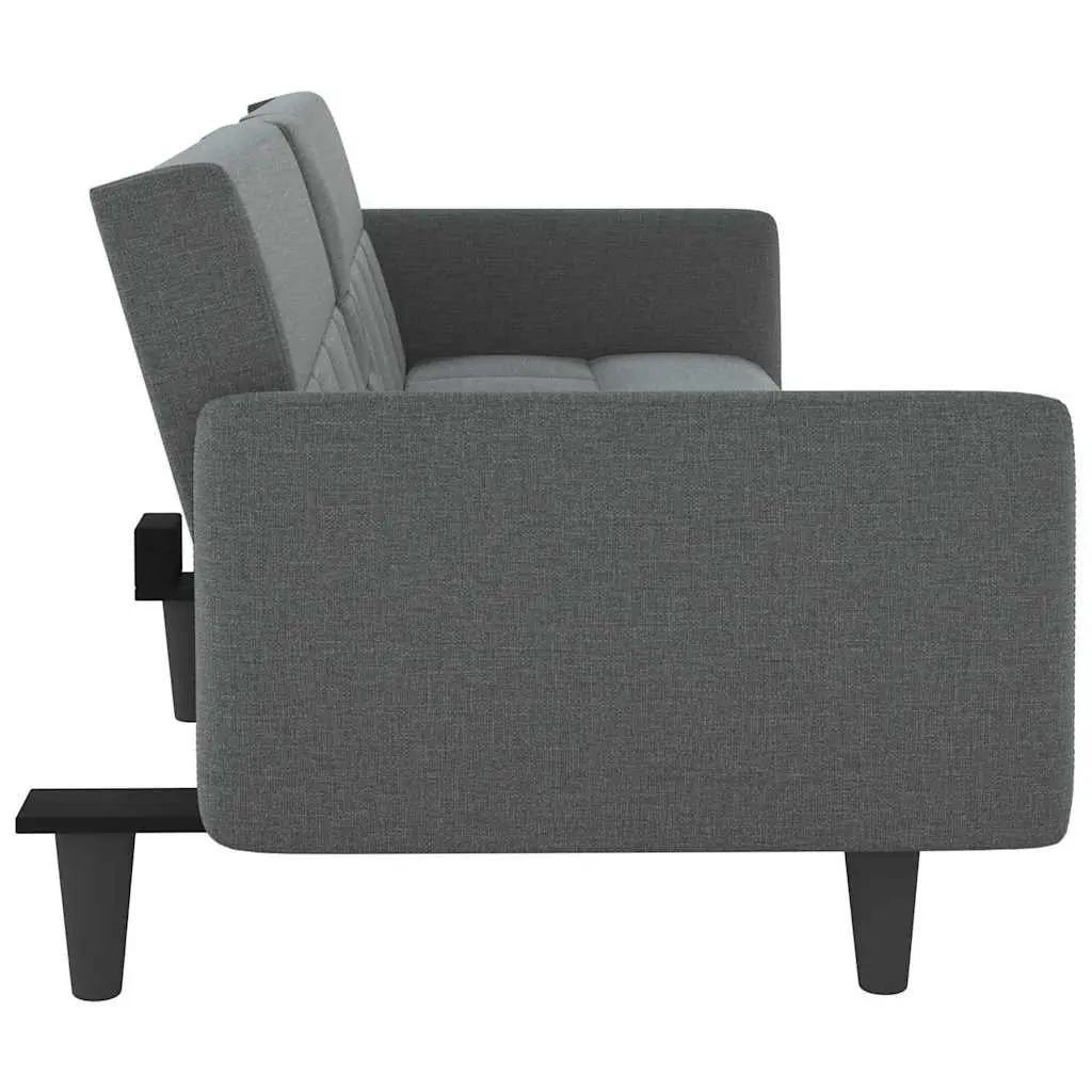 Sofa Bed Grey Fabric with Foldable Tea Table and Adjustable Backrest and Cup Holders