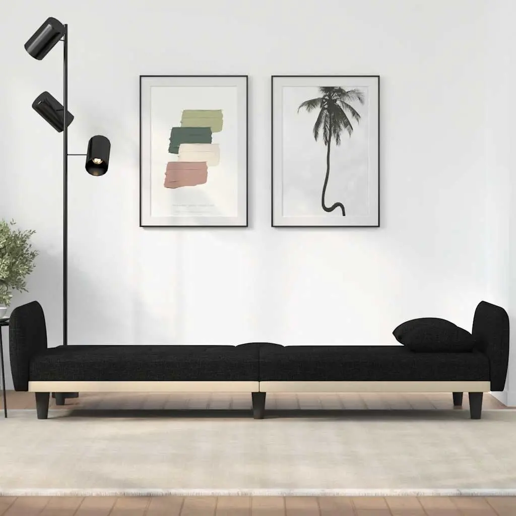 Sofa Bed Black Fabric Adjustable Backrest Cup Holders Tea Table USB Charging