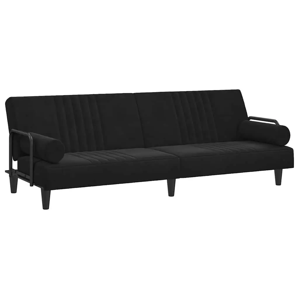 Sofa Bed with Armrests Black Velvet Adjustable Backrest Sleeper Couch Guest Bed