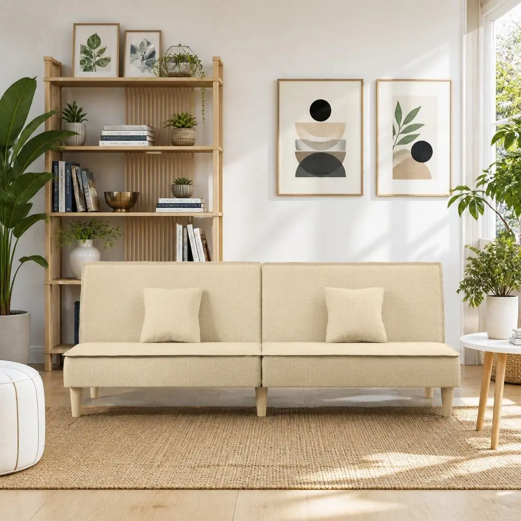 Sofa Bed Fabric Cream Adjustable Backrest Sleeper Couch