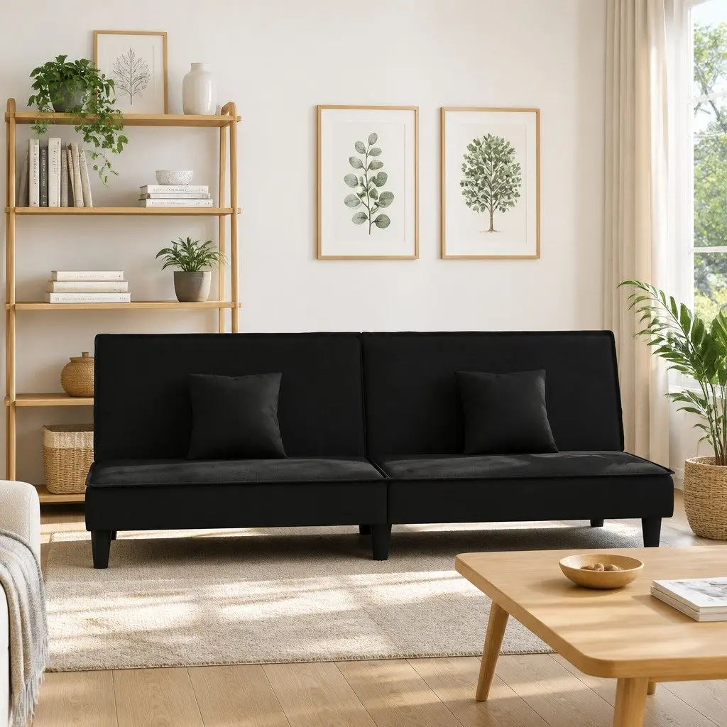 Sofa Bed Velvet Black Adjustable Backrest Sleeper Couch