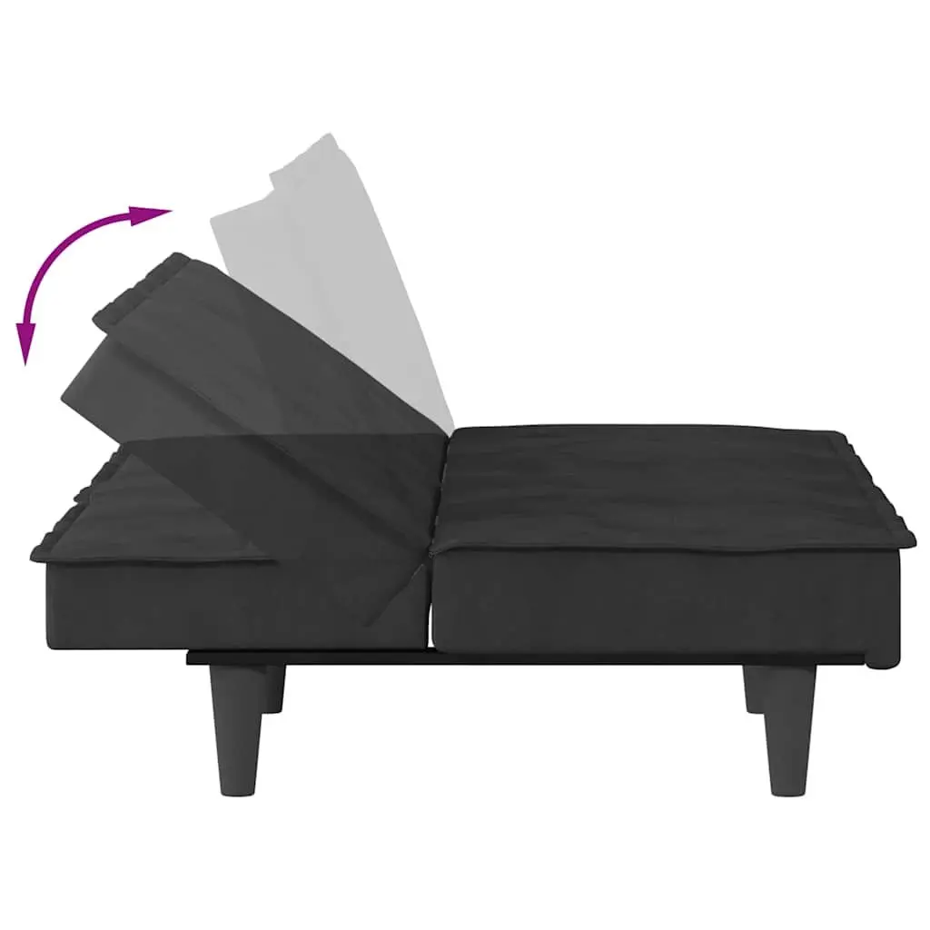 Sofa Bed with Cup Holders Adjustable Backrest Black Velvet Sleeper Couch
