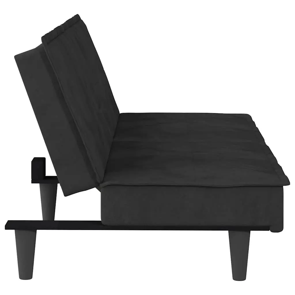 Sofa Bed with Cup Holders Adjustable Backrest Black Velvet Sleeper Couch