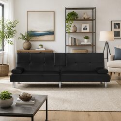 Sofa Bed Black Faux Leather Adjustable Backrest Cup Holders Sleeper Couch Day