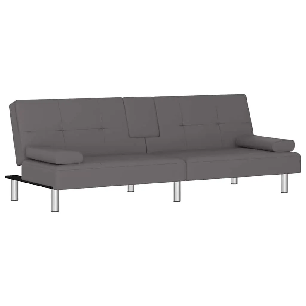 Sofa Bed Faux Leather Grey Adjustable Backrest Recliner with Cup Holders and Foldable Table
