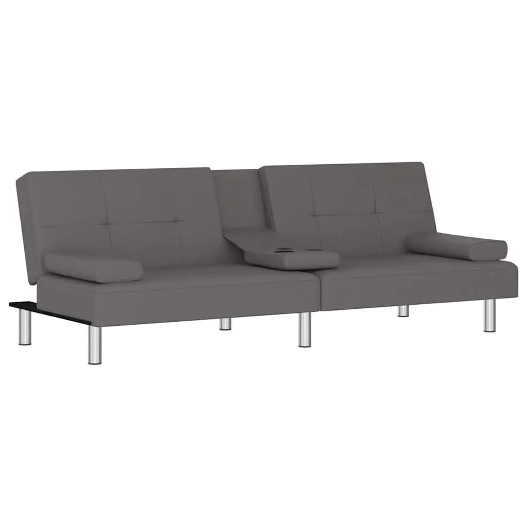 Sofa Bed Faux Leather Grey Adjustable Backrest Recliner with Cup Holders and Foldable Table