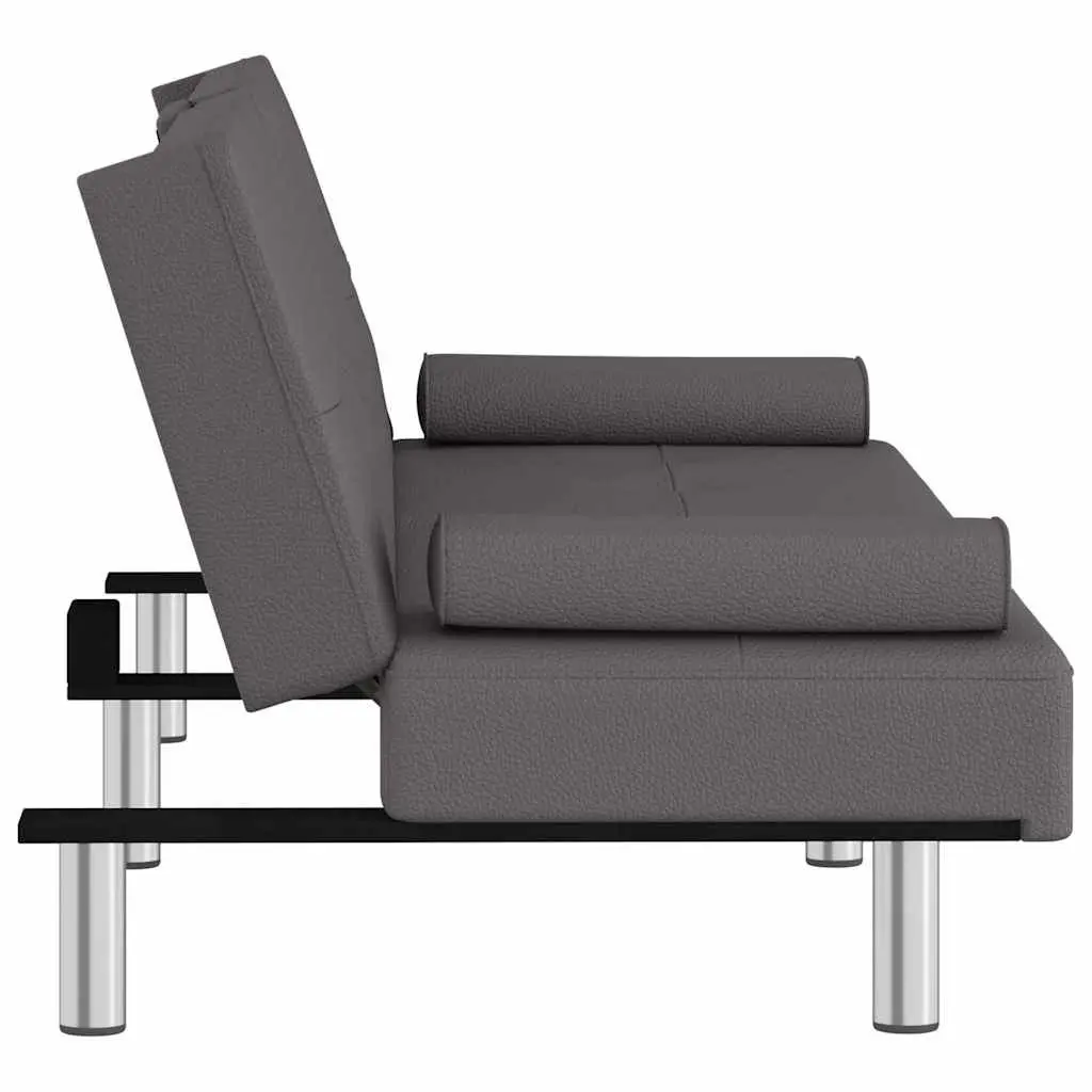 Sofa Bed Faux Leather Grey Adjustable Backrest Recliner with Cup Holders and Foldable Table