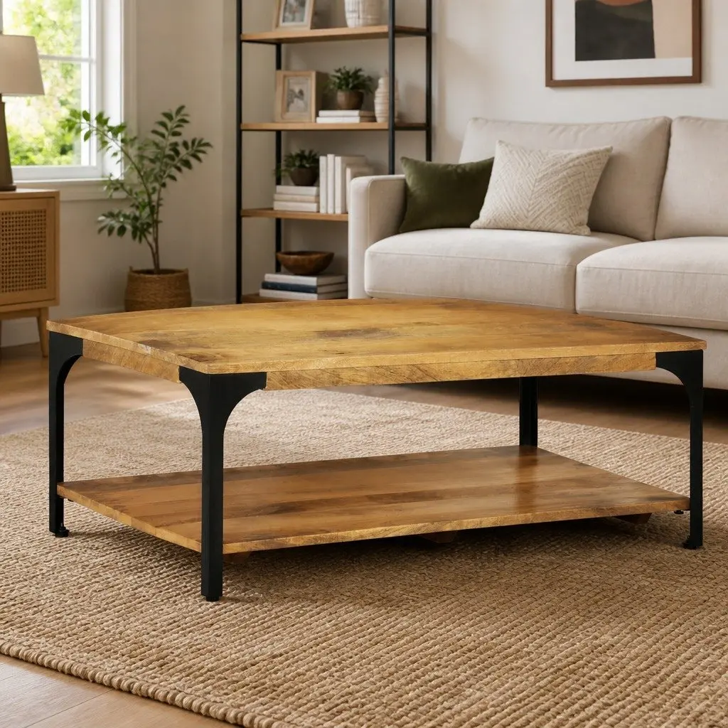 Coffee Table 2-Layer Brown Solid Wood Mango Steel Frame Living Room Storage
