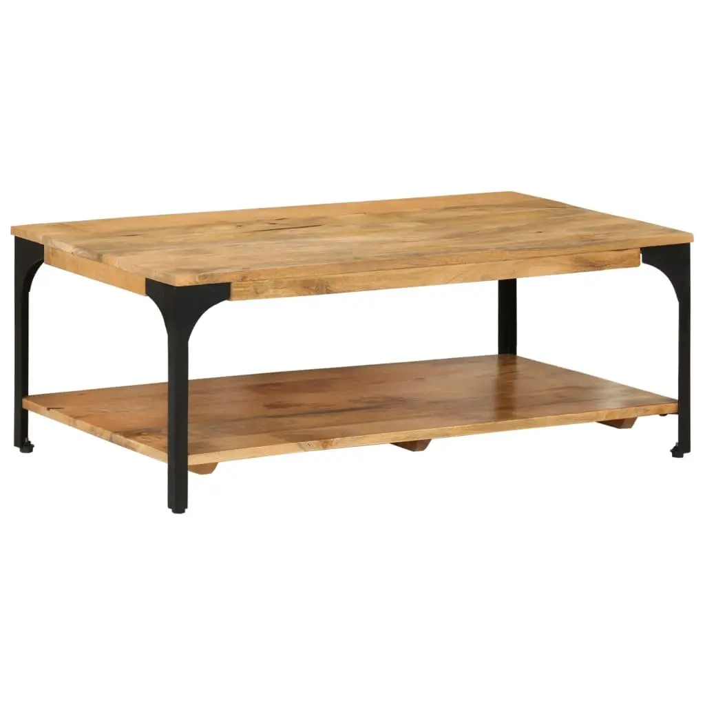 Coffee Table 2-Layer Brown Solid Wood Mango Steel Frame Living Room Storage