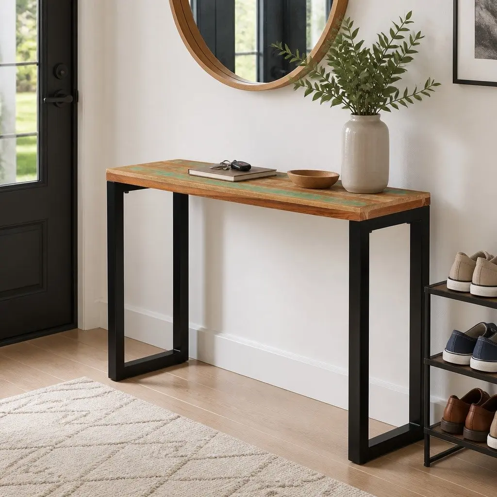 Console Table Solid Reclaimed Wood 110x35x75 cm Multicolour Iron Frame Hall Entryway Accent Furniture