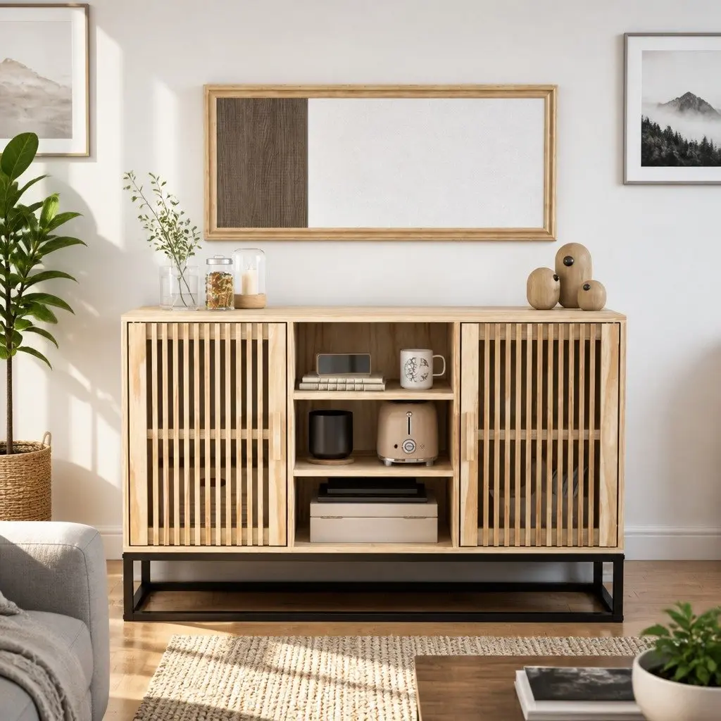 Sideboard Storage Cabinet Brown Engineered Wood 105x30x65cm Buffet Furniture with Wooden Doors and Iron Legs