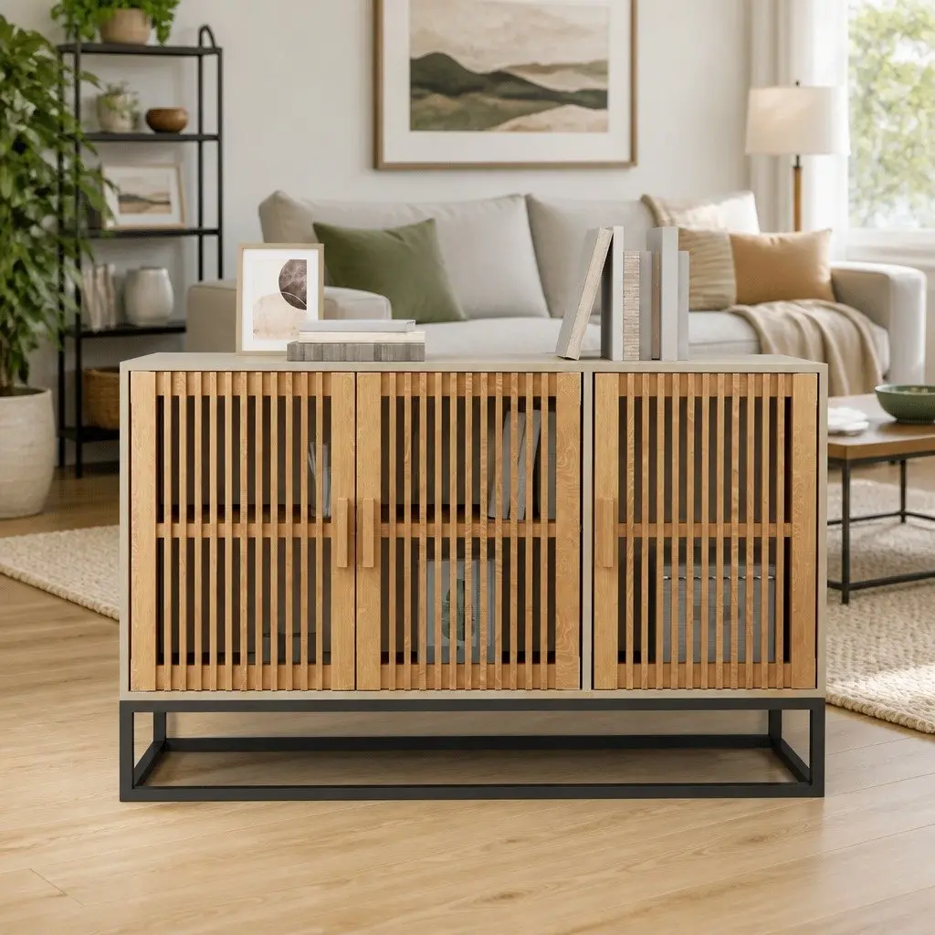 Brown Engineered Wood Sideboard Storage Cabinet with Wooden Doors and Iron Legs 105x30x65cm