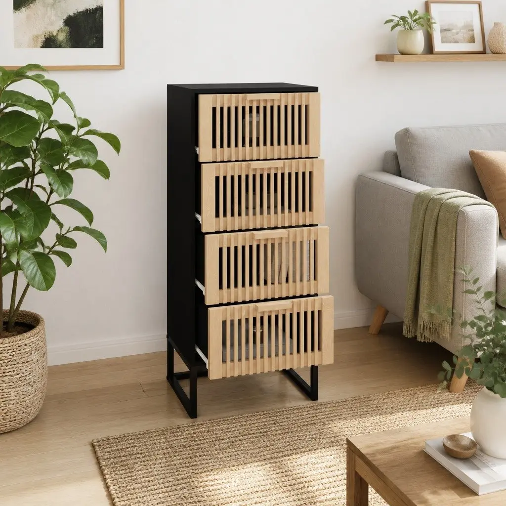 Tall Display Unit Black Engineered Wood Storage Cabinet with Wooden Drawers and Sturdy Iron Legs