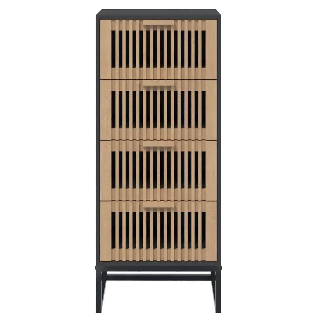 Tall Display Unit Black Engineered Wood Storage Cabinet with Wooden Drawers and Sturdy Iron Legs