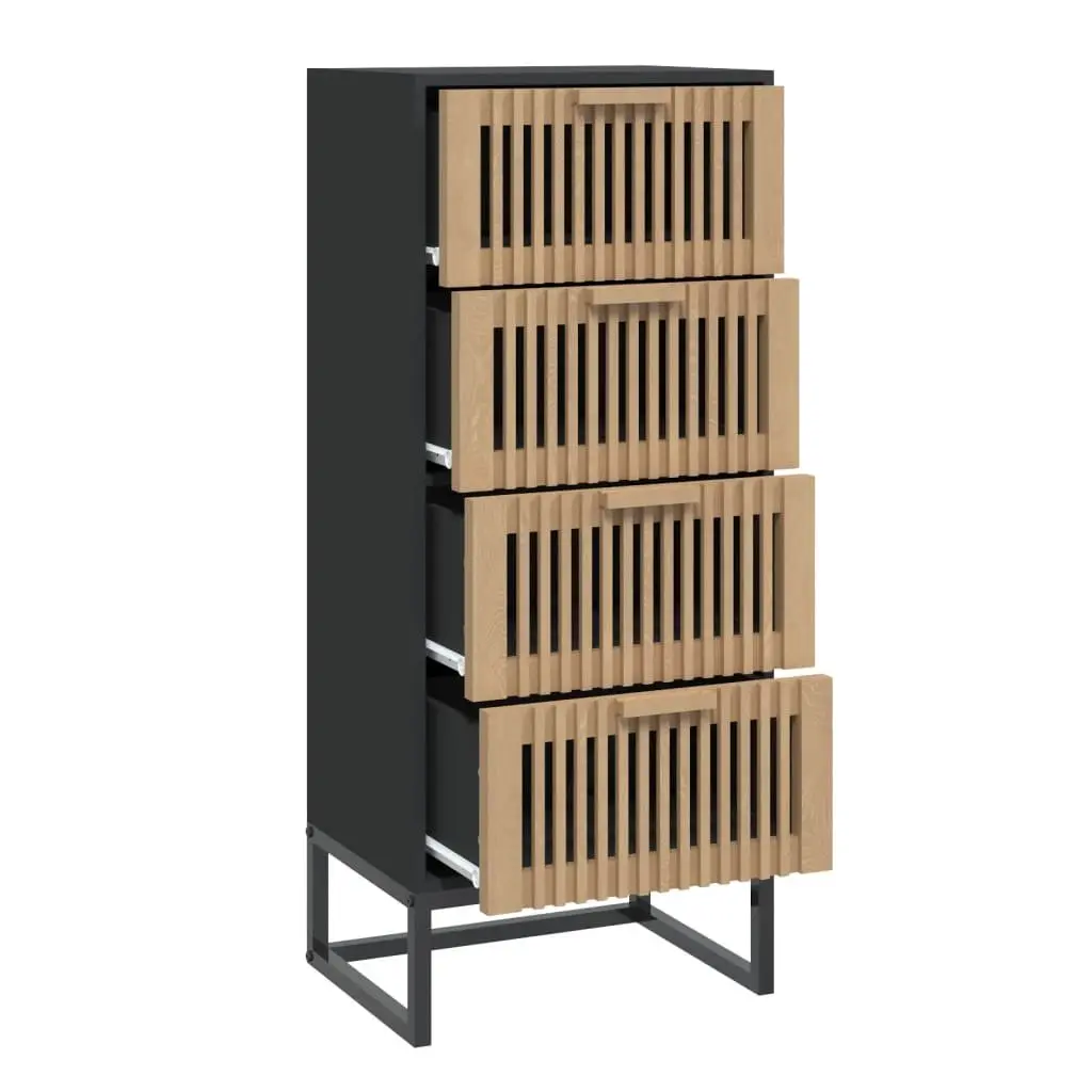 Tall Display Unit Black Engineered Wood Storage Cabinet with Wooden Drawers and Sturdy Iron Legs