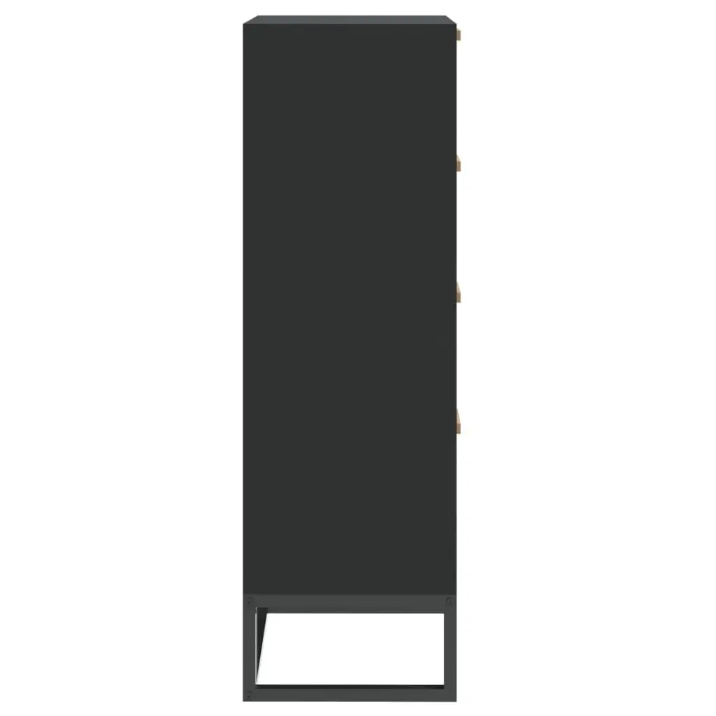 Tall Display Unit Black Engineered Wood Storage Cabinet with Wooden Drawers and Sturdy Iron Legs