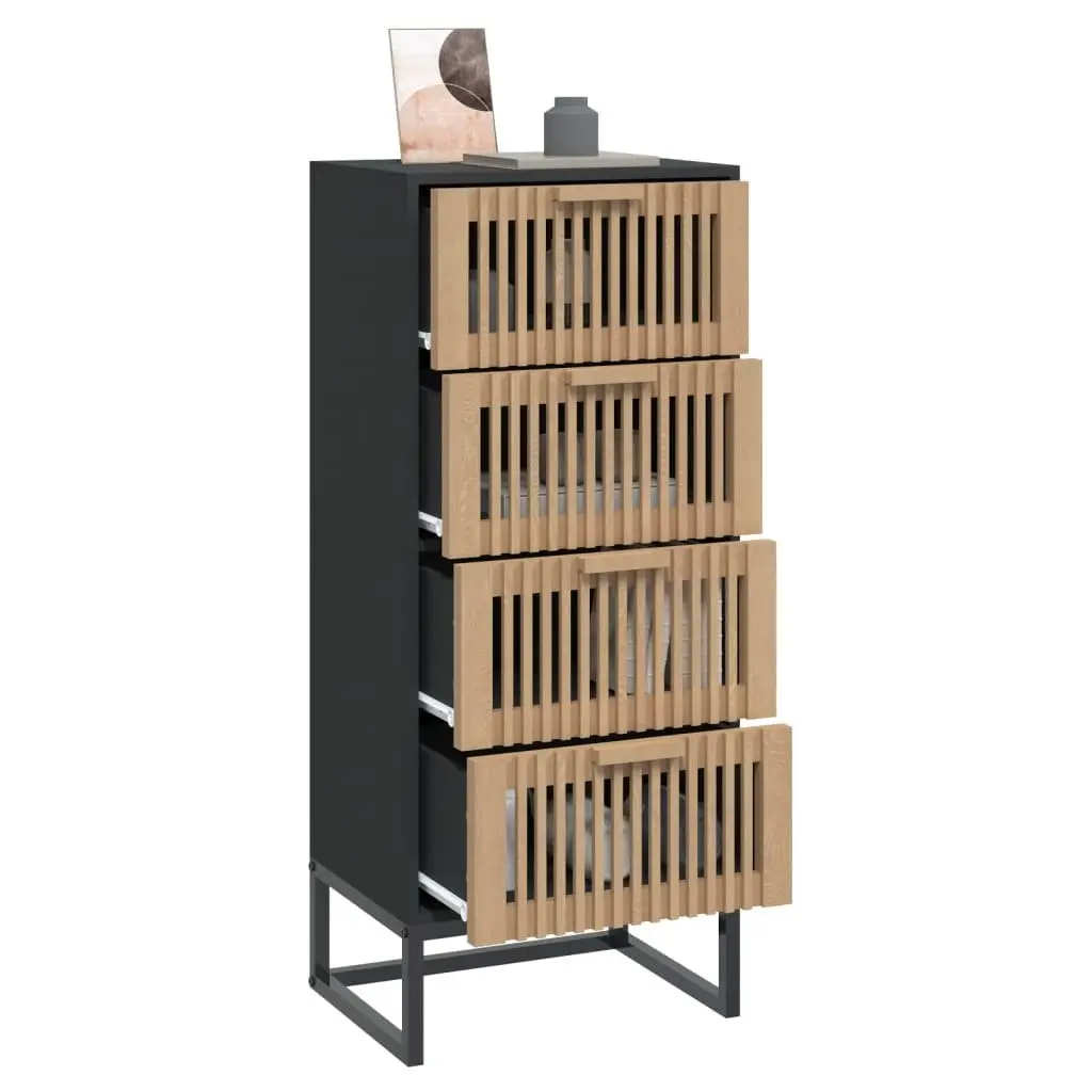 Tall Display Unit Black Engineered Wood Storage Cabinet with Wooden Drawers and Sturdy Iron Legs