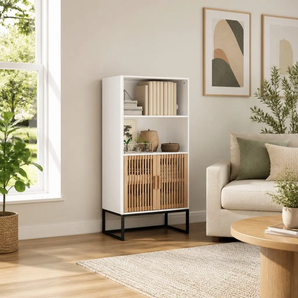 Storage Cabinet Engineered Wood White 60x35x125 cm Highboard with Solid Pine Doors and Iron Feet