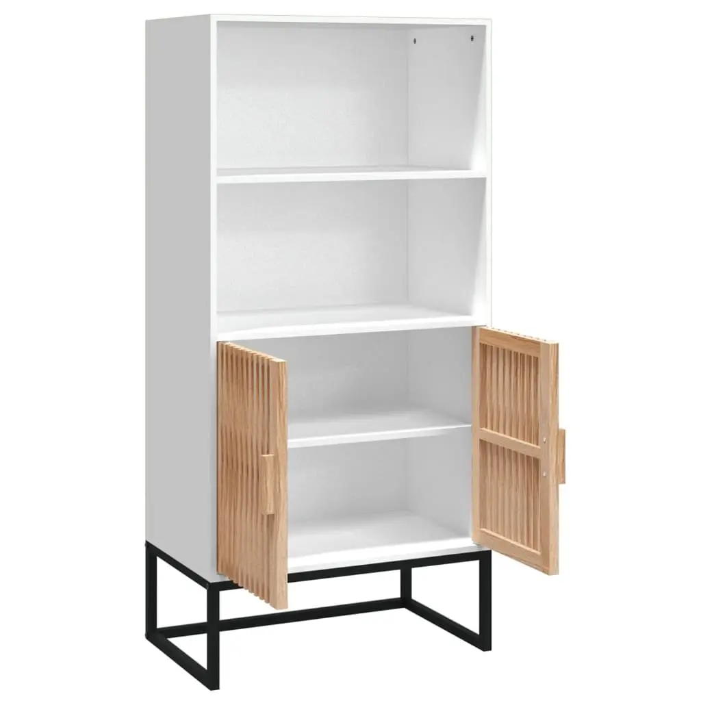 Storage Cabinet Engineered Wood White 60x35x125 cm Highboard with Solid Pine Doors and Iron Feet