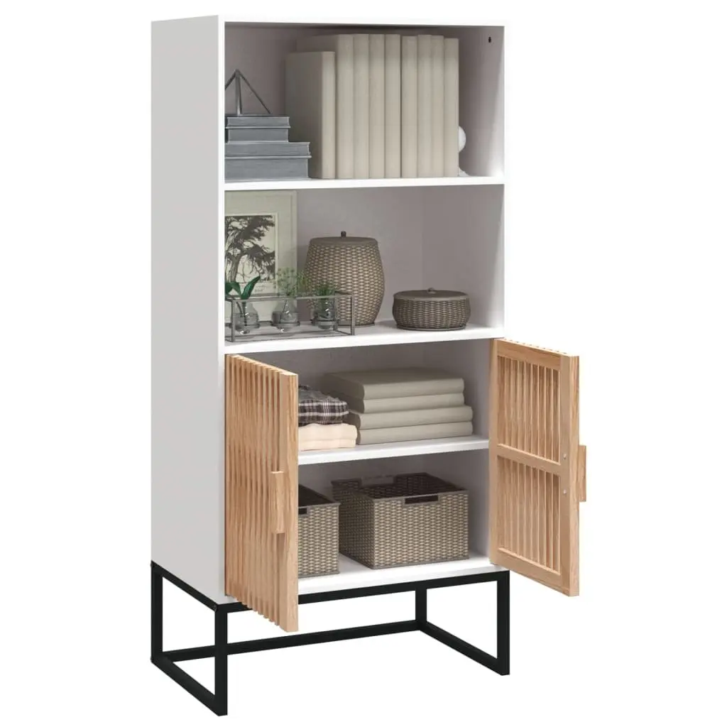 Storage Cabinet Engineered Wood White 60x35x125 cm Highboard with Solid Pine Doors and Iron Feet