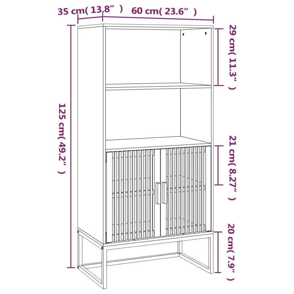 Storage Cabinet Engineered Wood White 60x35x125 cm Highboard with Solid Pine Doors and Iron Feet