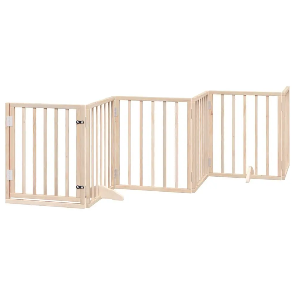 Dog Gate Foldable 6 Panel Poplar Wood Pet Barrier Brown with Door Lock Safety Indoor