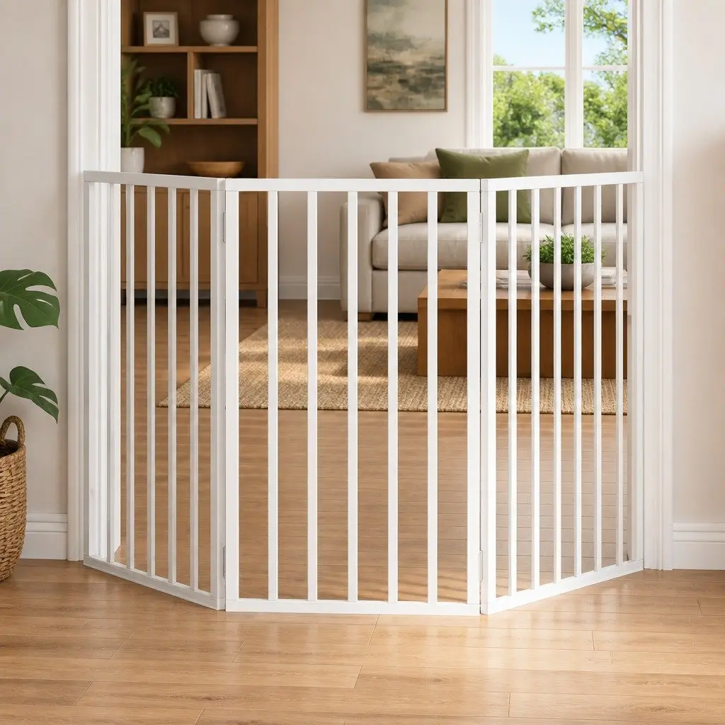 Dog Gate Foldable 3 Panels Poplar Wood 150cm White