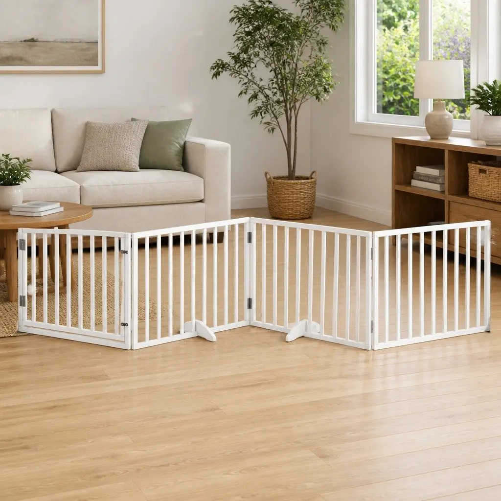 Foldable Dog Gate 4 Panels Poplar Wood White Pet Safety Barrier Enclosure