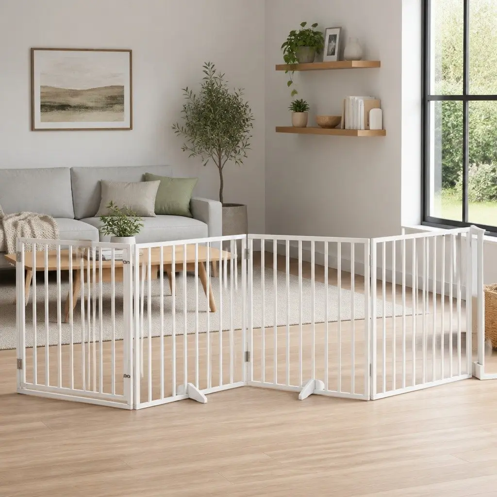 Dog Gate Foldable 4 Panels White Poplar Wood Pet Safety Barrier Door Enclosure